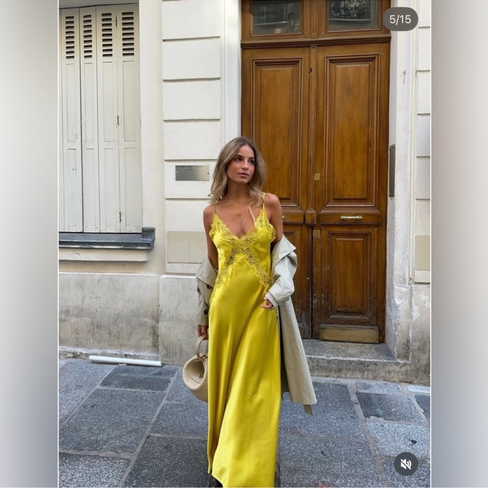 ZARA Yellow Satin Midi Slip Dress with Lace, New Medium - Picture 4 of 17